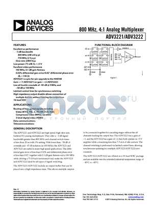 ADV3221ARZ datasheet - 800 MHz, 4:1 Analog Multiplexer