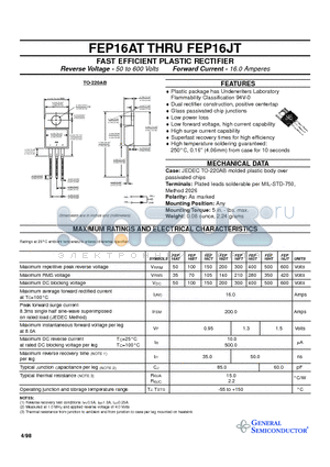 FEP16 datasheet - FAST EFFICIENT PLASTIC RECTIFIER