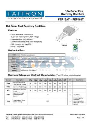 FEP16AT datasheet - 16A Super Fast Recovery Rectifiers