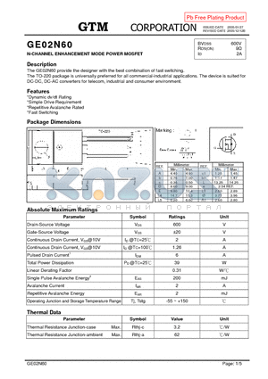 GE02N60 datasheet - N-CHANNEL ENHANCEMENT MODE POWER MOSFET