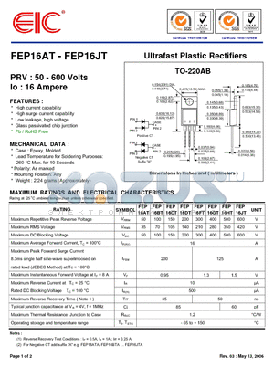 FEP16BT datasheet - Ultrafast Plastic Rectifiers