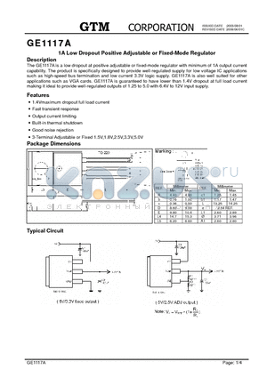 GE1117A datasheet - 1A Low Dropout Positive Adjustable or Fixed-Mode Regulator