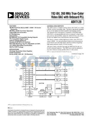 ADV7129KS datasheet - 192-Bit, 360 MHz True-Color Video DAC with Onboard PLL