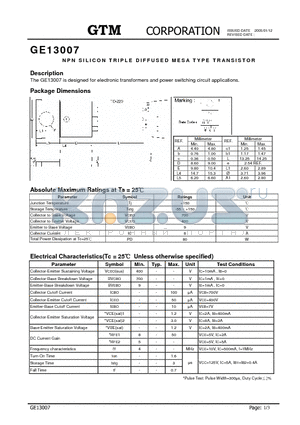 GE13007 datasheet - NPN SILICON TRIPLE DIFFUSED MESA TYPE TRANSISTOR