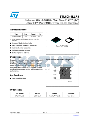 L80N4LLF3 datasheet - N-channel 40V - 0.0042ohm - 80A - PowerFLAT (6x5) STripFET Power MOSFET for DC-DC conversion
