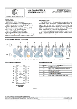 IDT54FCT3574 datasheet - 3.3V CMOS OCTAL D REGISTERS (3-STATE)