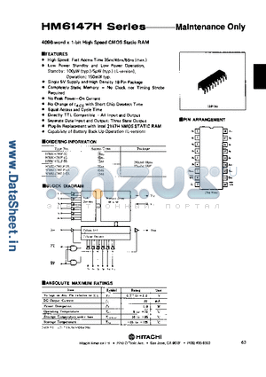 HM6147HP-45 datasheet - 4096-word x 1-bit High Speed CMOS Static RAM