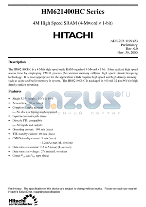 HM621400HCLJP-10 datasheet - 4M High Speed SRAM (4-Mword x 1-bit)