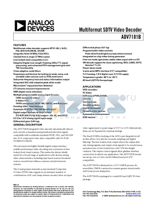 ADV7181 datasheet - Multiformat SDTV Video Decoder