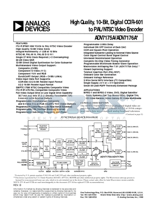 ADV7176A datasheet - High Quality, 10-Bit, Digital CCIR-601 to PAL/NTSC Video Encoder