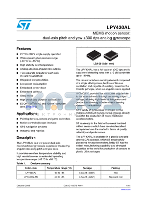 LPY430AL datasheet - MEMS motion sensor: dual-axis pitch and yaw a300 dps analog gyroscope