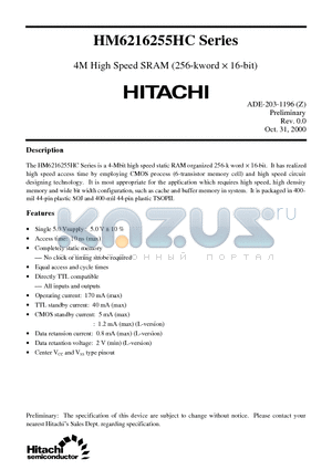 HM6216255HCLJP-10 datasheet - 4M High Speed SRAM (256-kword x 16-bit)