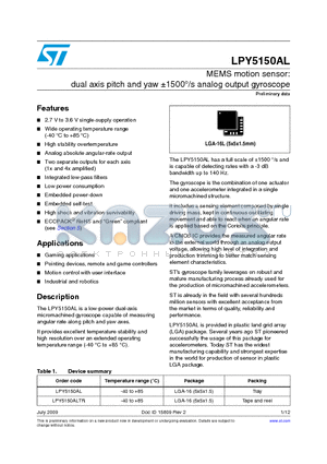 LPY5150ALTR datasheet - MEMS motion sensor: dual axis pitch and yaw a1500`/s analog output gyroscope