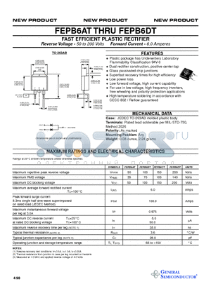 FEPB6BT datasheet - FAST EFFICIENT PLASTIC RECTIFIER