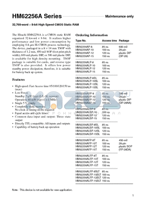 HM62256AFP-10T datasheet - 32,768-word x 8-bit High Speed CMOS Static RAM