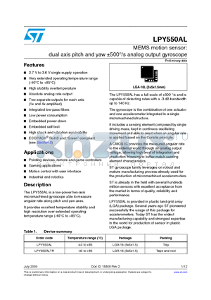 LPY550ALTR datasheet - MEMS motion sensor: dual axis pitch and yaw a500`/s analog output gyroscope