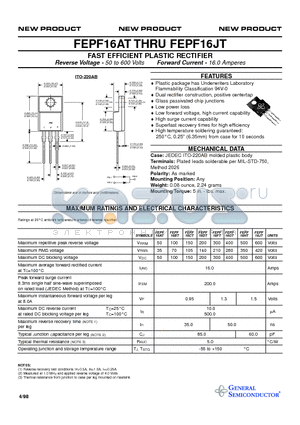 FEPF16FT datasheet - FAST EFFICIENT PLASTIC RECTIFIER