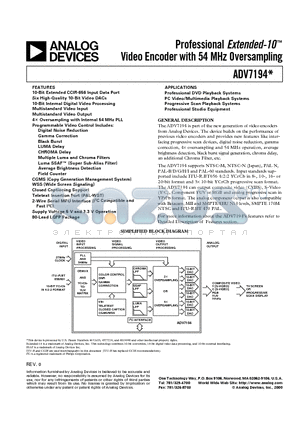 ADV7194 datasheet - Professional Extended-10 Video Encoder with 54 MHz Oversampling