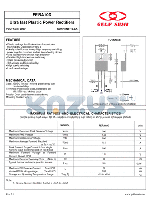 FERA10D datasheet - Ultra fast Plastic Power Rectifiers VOLTAGE: 200V CURRENT:10.0A