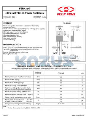 FERA16G datasheet - Ultra fast Plastic Power Rectifiers VOLTAGE: 400V CURRENT: 16.0A