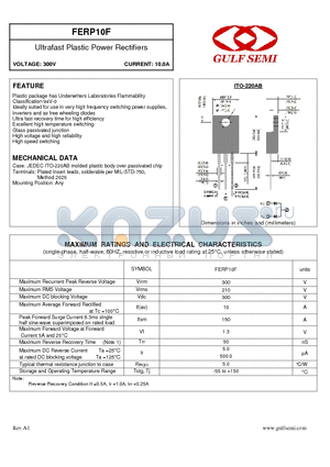 FERP10F datasheet - Ultrafast Plastic Power Rectifiers VOLTAGE: 300V CURRENT: 10.0A