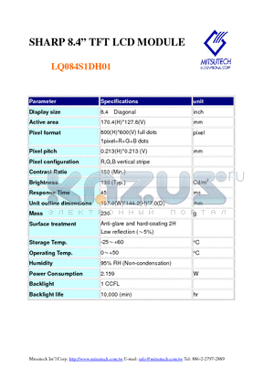 LQ084S1DH01 datasheet - SHARP 8.4 TFT LCD MODULE