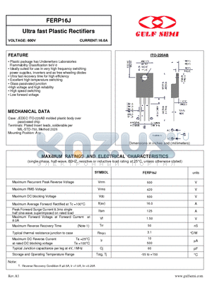 FERP16J datasheet - Ultra fast Plastic Rectifiers VOLTAGE: 600V CURRENT:16.0A
