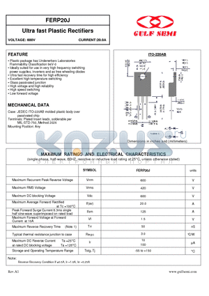 FERP20J datasheet - Ultra fast Plastic Rectifiers VOLTAGE: 600V CURRENT:20.0A