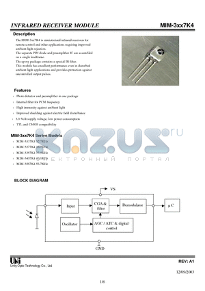 MIM-3337K4 datasheet - INFRARED RECEIVER MODULE