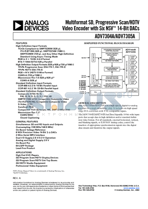 ADV7304A datasheet - Multiformat SD, Progressive Scan/HDTV Video Encoder with Six NSV 14-Bit DACs