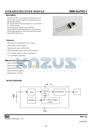 MIM-3377K2-1 datasheet - INFRARED RECEIVER MODULE