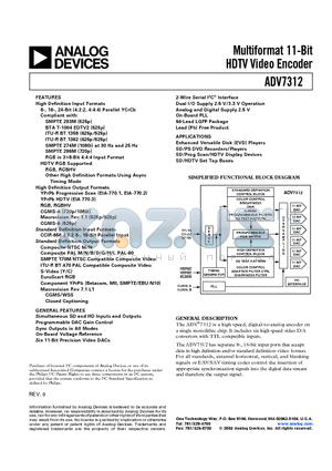 ADV7312 datasheet - Multiformat 11-Bit HDTV Video Encoder