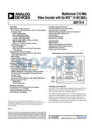 ADV7314 datasheet - Multiformat 216 MHz Video Encoder with Six NSV 14-Bit DACs