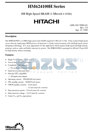 HM624100HLJP-10 datasheet - 4M High Speed SRAM (1-Mword x 4-bit)