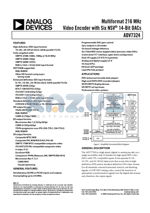 ADV7324 datasheet - Multiformat 216 MHz Video Encoder with Six NSV 14-Bit DACs