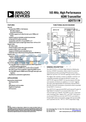 ADV7511WBSWZ datasheet - 165 MHz, High Performance HDMI Transmitter 3D video support