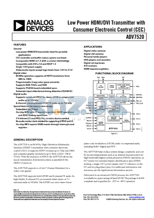 ADV7520BCPZ-80 datasheet - Low Power HDMI/DVI Transmitter with Consumer Electronic Control (CEC)