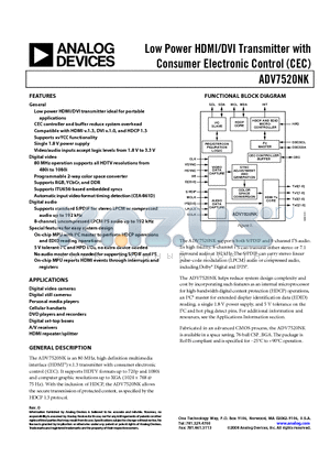 ADV7520NKBBCZRL-80 datasheet - Low Power HDMI/DVI Transmitter with Consumer Electronic Control (CEC)