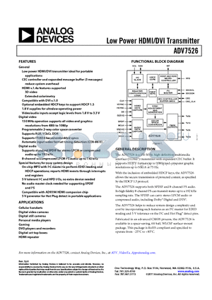 ADV7526 datasheet - Low Power HDMI/DVI Transmitter