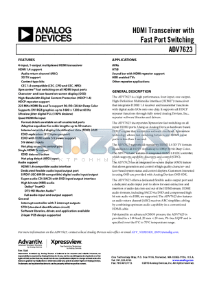 ADV7623 datasheet - HDMI Transceiver with Fast Port Switching