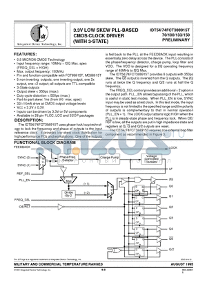 IDT54FCT388915T datasheet - 3.3V LOW SKEW PLL-BASED CMOS CLOCK DRIVER WITH (3-STATE)