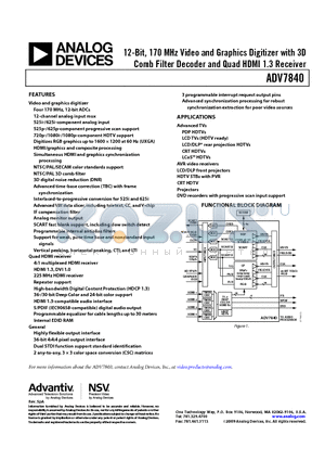 ADV7840 datasheet - 12-Bit, 170 MHz Video and Graphics Digitizer with 3D Comb Filter Decoder and Quad HDMI 1.3 Receiver