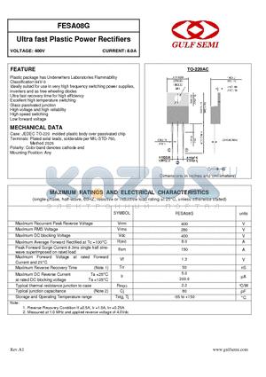 FESA08G datasheet - Ultra fast Plastic Power Rectifiers VOLTAGE: 400V CURRENT: 8.0A