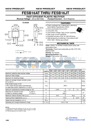 FESB16JT datasheet - FAST EFFICIENT PLASTIC RECTIFIER