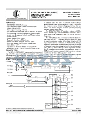IDT54FCT388915T150 datasheet - 3.3V LOW SKEW PLL-BASED CMOS CLOCK DRIVER WITH (3-STATE)