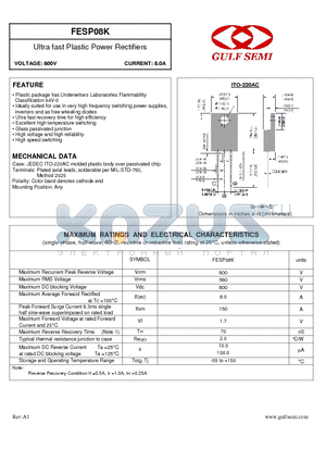 FESP08K datasheet - Ultra fast Plastic Power Rectifiers VOLTAGE: 800V CURRENT: 8.0A