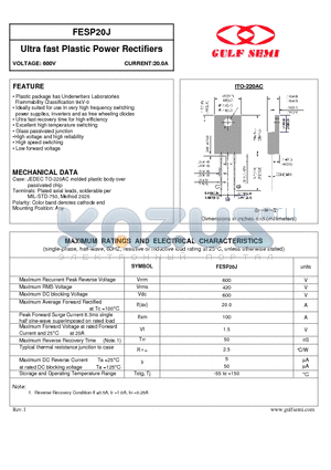 FESP20J datasheet - Ultra fast Plastic Power Rectifiers VOLTAGE: 600V CURRENT:20.0A