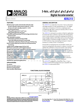 ADXL313 datasheet - 3-Axis, a0.5 g/a1 g/a2 g/a4 g Digital Accelerometer