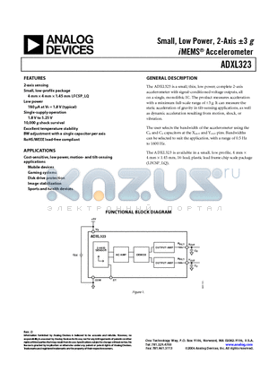 ADXL323 datasheet - Small, Low Power, 2-Axis a3 g i MEMS Accelerometer