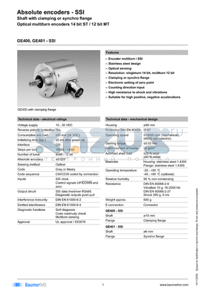 GE401.B10A102 datasheet - Absolute encoders - SSI